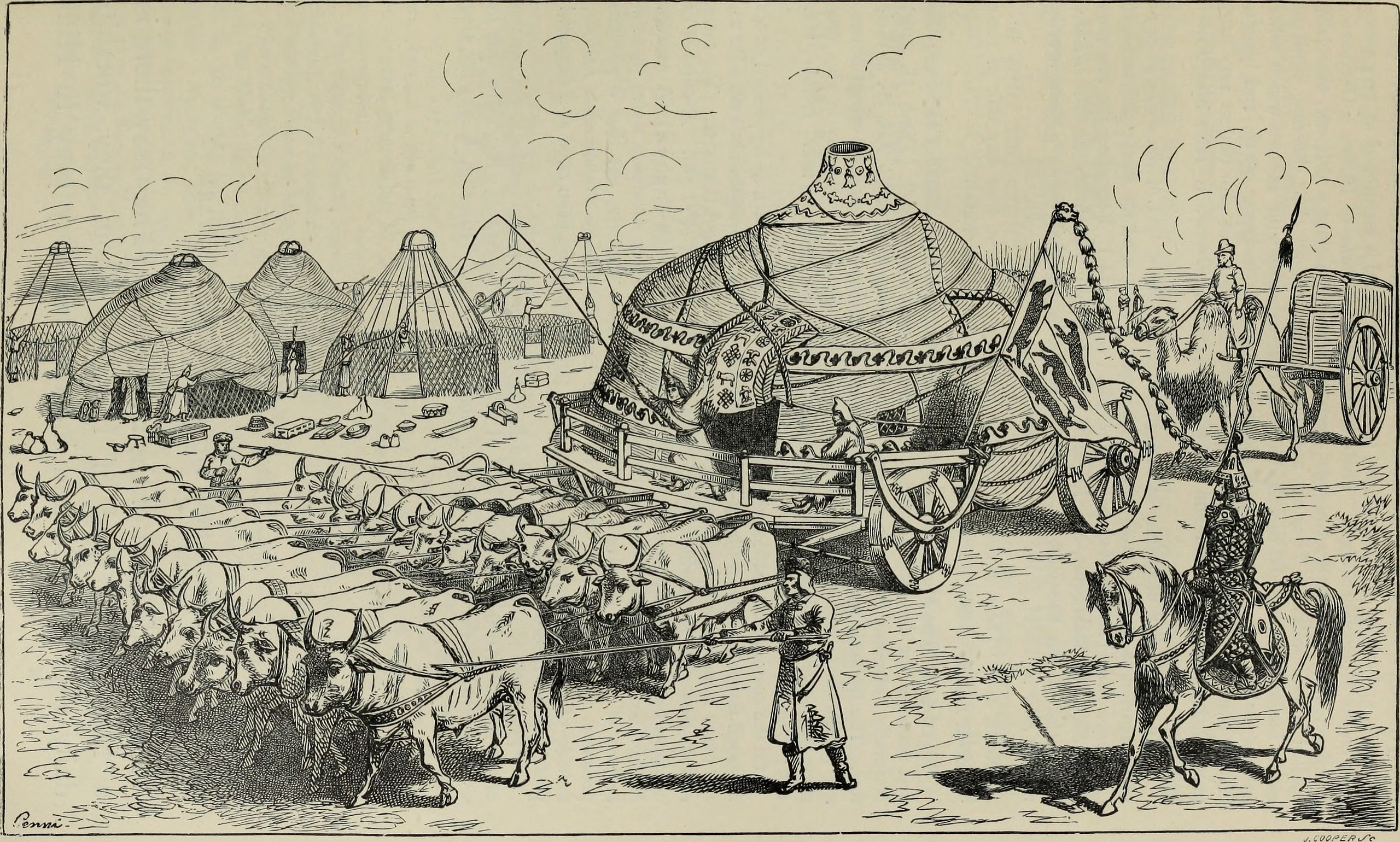 Mongolian Ordu with beasts of burden towing the caravan cart
